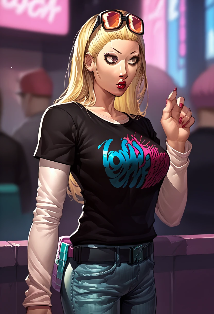 1 girl, sunglasses on head, lipstick, black t-shirt, clothes writing, layered sleeves, large breasts, jeans, Lady Gaga, blonde hair