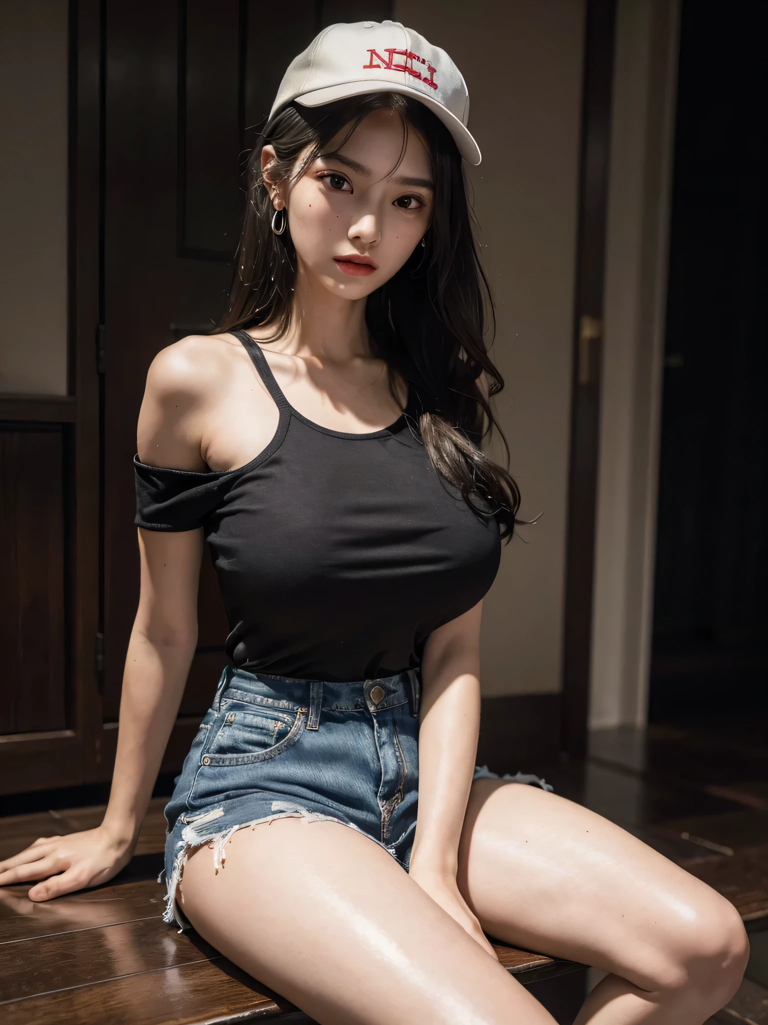 ((1girl)), woman, masterpiece, best quality, highest quality, cinematic lighting, (volumetric lighting), extremely detailed CG unity 8k wallpaper, focused, 8k wallpaper, extremely detailed, ultra realistic, photorealistic, sharp focus, absurdres, (HDR:1.2), (high contrast), photograph, detailed and intricate, instagram, portrait, highly detailed, digital painting, artstation, concept art, smooth, sharp focus, illustration, cinematic lighting, (big breast:1.3), (((skinny, slim legs))), (japanese idol posture), (knit strap tanktop, short pants, cleavage), looking at the viewer, (I don't see arms)), ((Standing)), ((Medium body shot, hip level shot)), long hair, ((crossed arms)), beautiful eyes.