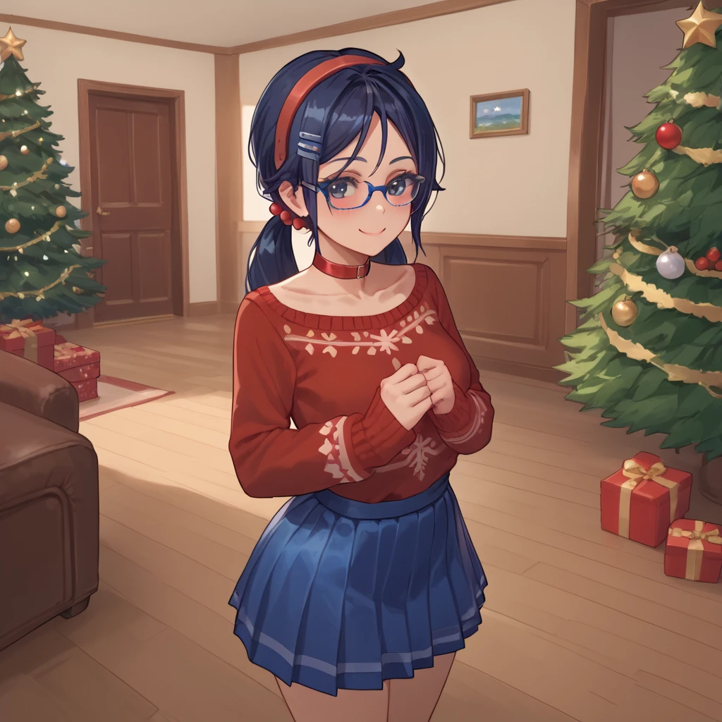 score_9,score_8_up,score_7_up, solo, 1 girl, dark blue eyes, dark blue hair, braids hair, red hairband, choker, red sweater, blue skirt, hair ornament, sweet smile, blush, blushing, glasses,New Year's atmosphere, Santa Claus's clothes, New Year's tree in the background