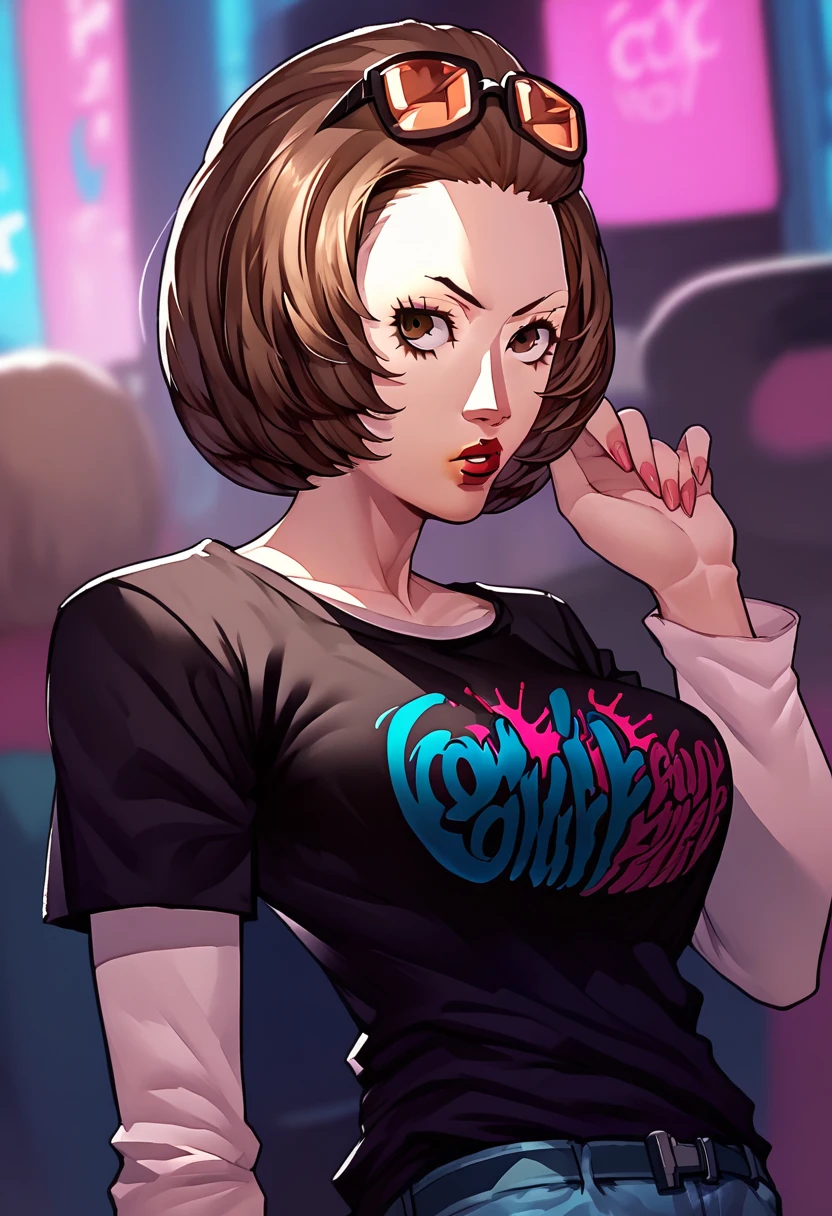 1 girl, sunglasses on head, lipstick, black t-shirt, clothes writing, layered sleeves, large breasts, jeans, Manuela Casagranda, brown eyes, brown hair,