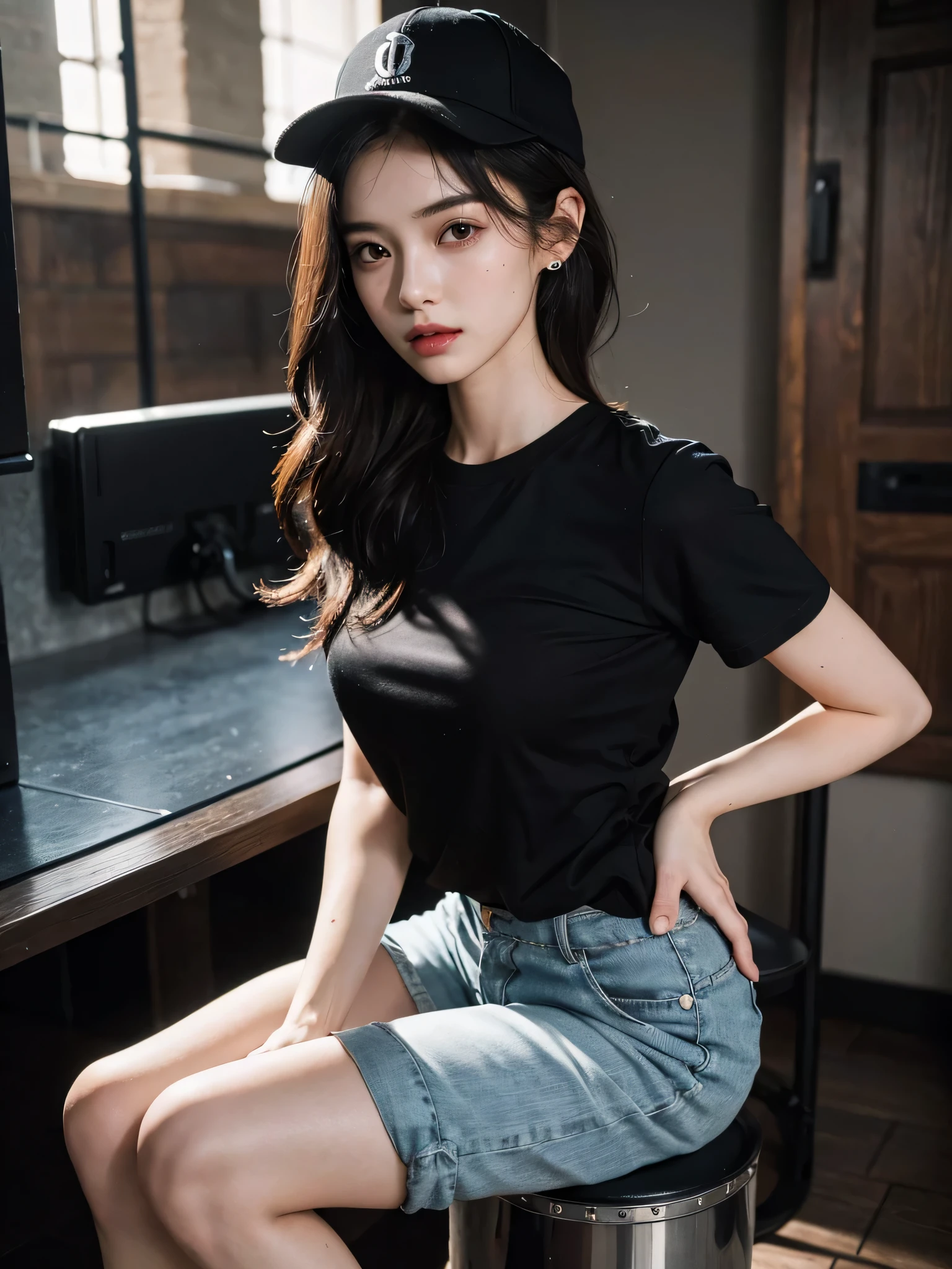 masterpiece, top-quality, 1 beautiful girl, (Detailed beautiful eyes), ((Detailed skin)) , ((Detailed medium hair)), A beautiful girl in crop top and ripped jeans oversize, colorfull, RAW photos, Camera angle behind, sitting outside the coffee,  CG rendering, Blurred background, deep shadow,  16K, bokered,   Very detailed, wallpaper, depth of field, movie light, Ray tracing.