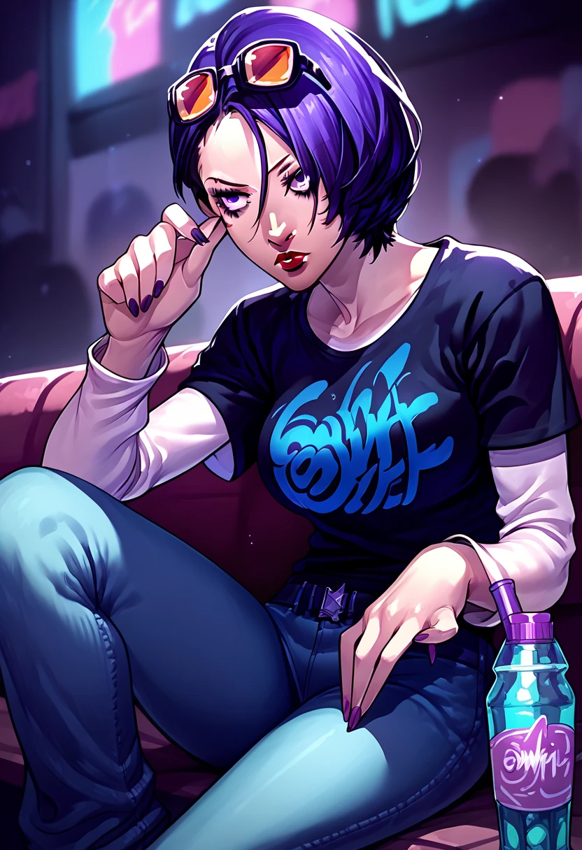 1 girl, sunglasses on head, lipstick, black t-shirt, clothes writing, layered sleeves, large breasts, jeans, Shamir Nevrand, purple eyes, purple hair,