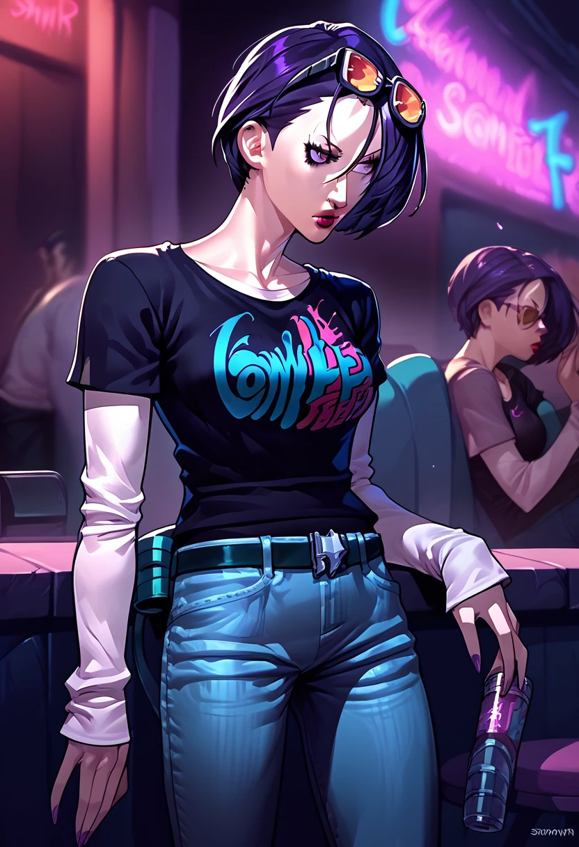 1 girl, sunglasses on head, lipstick, black t-shirt, clothes writing, layered sleeves, large breasts, jeans, Shamir Nevrand, purple eyes, purple hair,