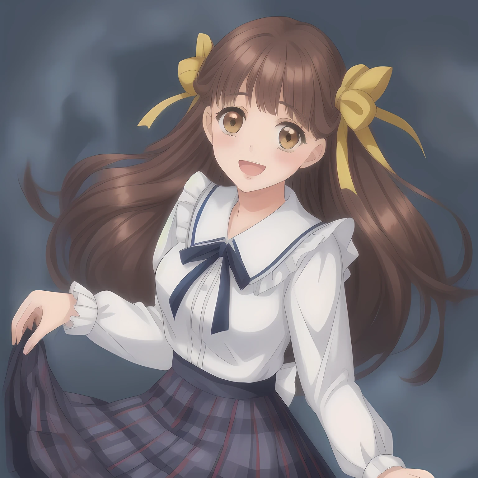 (highest quality, masterpiece: 1.6), (Too beautiful girls is looking me down and laughing at me with their pretty open mouth, bending their back deeply, can't stop giggling, Too Beautiful noble yo beautiful dancing anime noble heroines, beautiful giggling noble elegant 15yo neat anime heroines wares completely white frilled girly blouse and navy-blue-plaid-school-skirt, inviting me into deep harem of siren and succubi, Noble Elegant uniform: 1.5), (white white white frilled blouse, with pretty shiny large blue-ribbons made of polyester on the breast and sleeves: 1.2), (Anime-heroine's girly noble laughing giggling brown eyes, the eyes shines and has strong effect of allusion to the viewer: 1.6), (Realistic Charming neat dark-navy-blue very-neat well-pleated long dark-blue checkered glossy expensive plaid school skirt made of metallic-blue-wool: 1.6), (sky-blue background with white heart figured clouds: 1.7), (Eyes, face and hair are especially beautifully detailed and beautifully drawn: 1.5), (Girl whom everyone loves because of her beauty and lovely fashion and noble manner and magic-charm like succubus: 1.0), (Very beautiful, wavy, cutely super-super-long straight gorgeous rich dark black hair like hair model, with elegant big yellow hair ribbons: 1.3), (beautiful black hair: 1.5), (Perfect mature body style like a fashion model), (The girl is too much beloved), ((skirt close shot)), ((Circulating Chaotic Black vortex background))