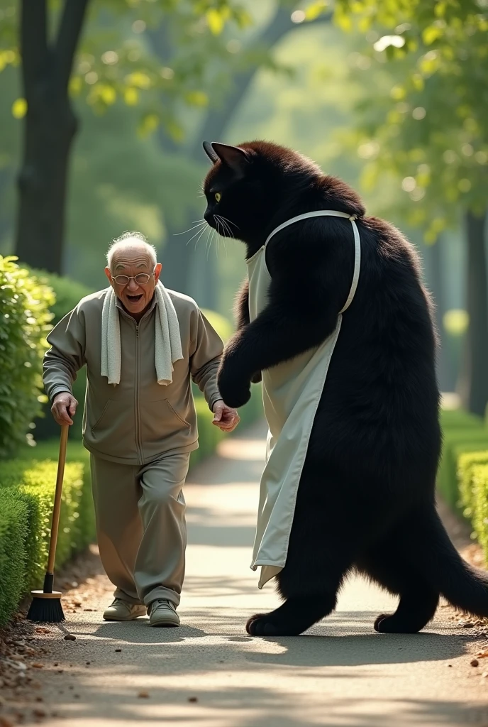 ultra-realistic, photorealistic, dramatic scene, shadow, global-illumination, Park clean-up day by community volunteers, (an elderly Japanese man is facing the human-like large black cat standing in a park), (The grandfather was startled by the giant cat and fell backwards and onto his buttocks with his mouth open), (The human-like huge black cat is wearing a white smock with long sleeves and holding a broom), (the old man is extremely surprised at the large cat and startled and falls on his buttocks), the old man is looking back and showing his surprised face, the old man wears a simple room wear with tracksuits, a towel around his neck, plants, trees, hedge, peaceful sunny day,