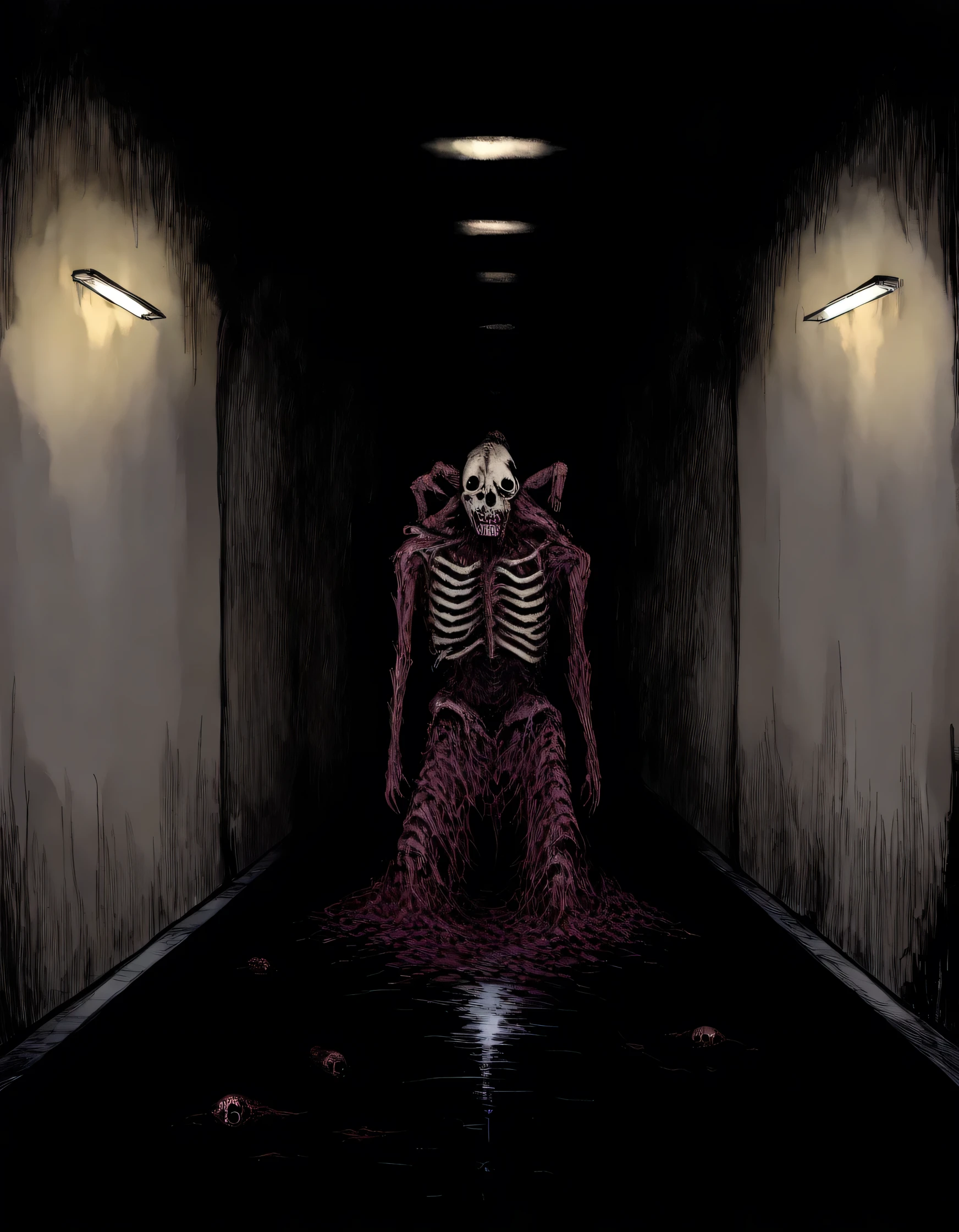 (masterpiece), best quality,necromorph_slasher,horror \(theme\),monster,hallway,black souls style