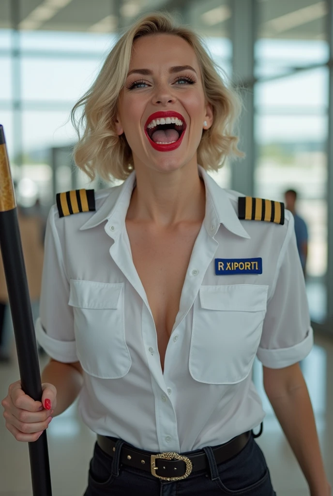 (white flight attendant uniform),looking at viewer,smiling,happy,curly blond short hair, standing, inside the airplane, ((on her knees making love with a man, sometimes she make a full blowjob to teh captain, completly sucking the penis during a cumshot))