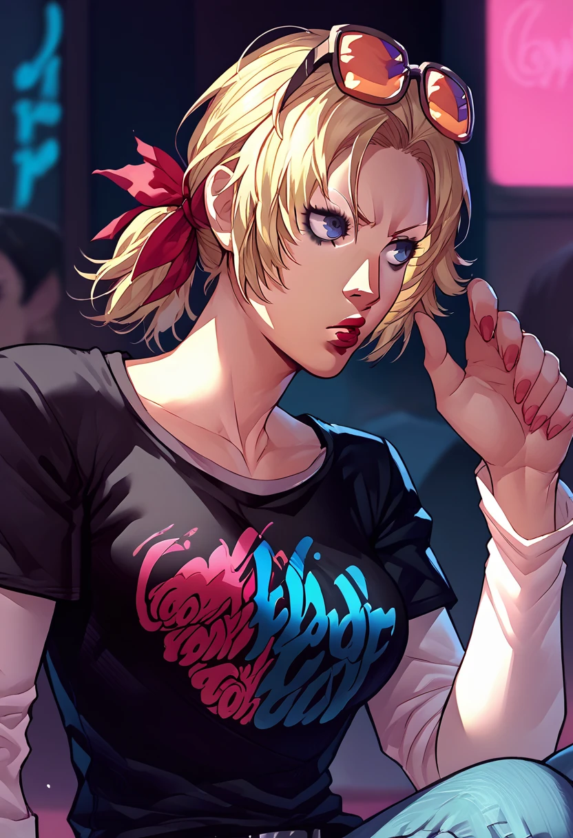 1 girl, sunglasses on head, lipstick, black t-shirt, clothes writing, layered sleeves, large breasts, jeans, Catherine, blue eyes, blonde hair,