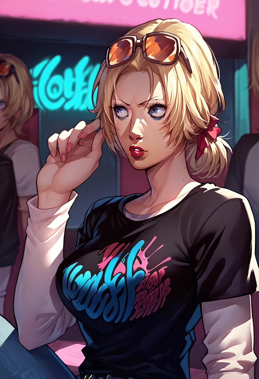 1 girl, sunglasses on head, lipstick, black t-shirt, clothes writing, layered sleeves, large breasts, jeans, Catherine, blue eyes, blonde hair,