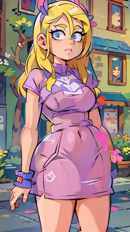 Teenage Helga Pataki from nickelodeon, yellow big pigtails, one single thick eyebrow, blue eyes, big ass, [Wide hips: 1.9] , full pink dress, alone, in the streets, small breasts, walking naked