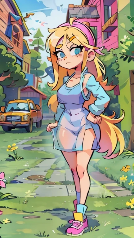 Teenage Helga Pataki from nickelodeon, yellow big pigtails, one single thick eyebrow, blue eyes, big ass, [Wide hips: 1.9] , full pink dress, alone, in the streets, small breasts, walking naked