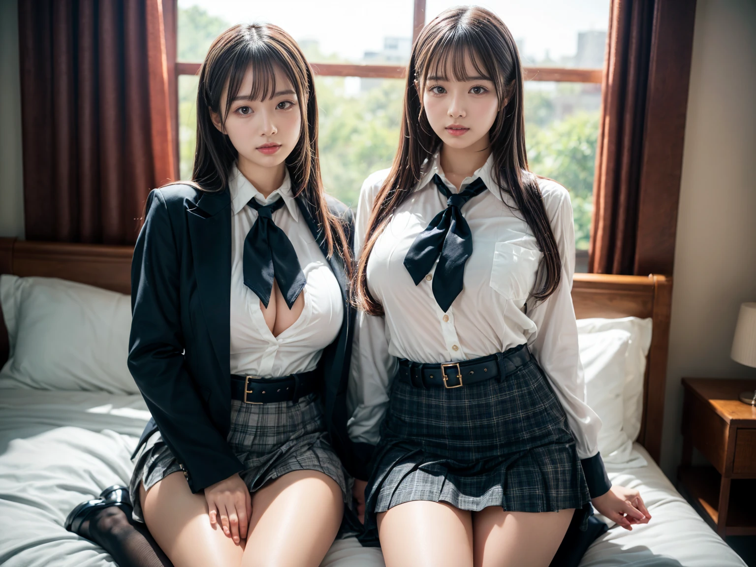 (2young girls), beautiful girl with beautiful details, Raw photo, (Best Quality:1.2), 8K, high details, hight resolution, With the highest quality, High-definition raw color photos, professional photograpy, (Fine face:1.2), (hi-school uniform with open chest:1.5), pleated skirt, indoors, classroom, desk, chair, sitting, (Open mouth), ((legs spread)), (panties:1.3), depth of fields,