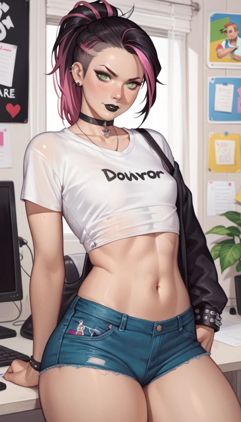 Close up shot, cute , short deep pink hair, pink eyes, sexy eyes, eyeliner, intense eye contact, small nose, dark lipstick, full lips, orgasmic face, sleeveless T-shirt, shorts, flat chest, small waist, (wide hips:1.1), (thick thighs:1.2), thigh high socks, on a desk, classroom,
