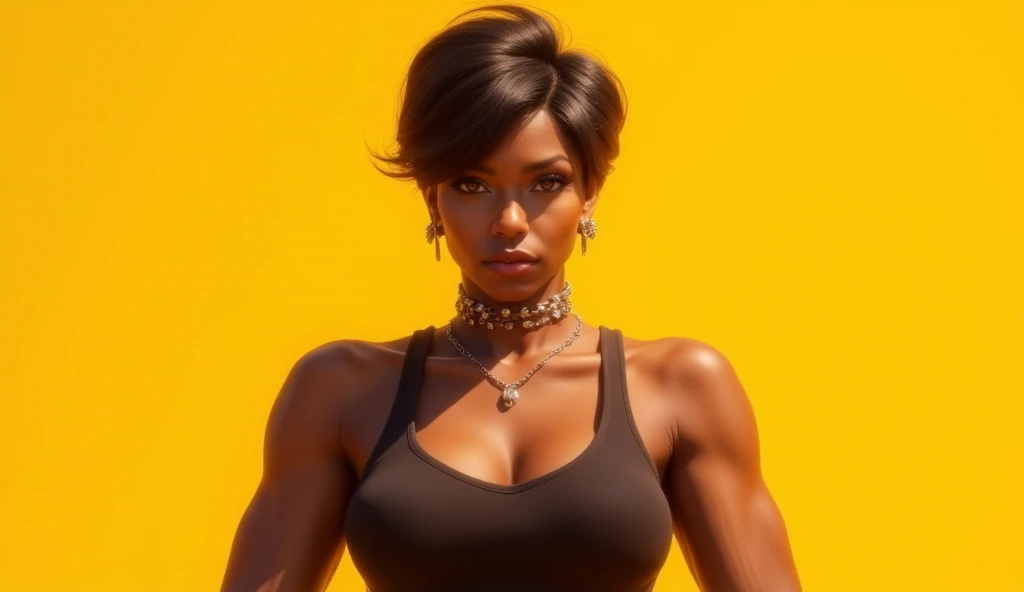 flux,solo_female,solo,dark_skin,1girl,animated,milf,mature_woman,ebony skin,dark_skinned, solo, looking at viewer, short hair, hair_intakes, black hair, holding, cleavage, bare shoulders,tanktop, jewelry, standing,viewed_from_below, earrings, choker, belt, pants, necklace, collar, bracelet, piercing, ear piercing,showing_armpits ,arm_above_head,  studded bracelet,yellow_background,wide_hips,thighs,dark_skin_female,dark_skin,sfw,correct_anatomy, correct posture,wide_waist,,bodybuilder, muscular ,standing,thighs,wide_hips