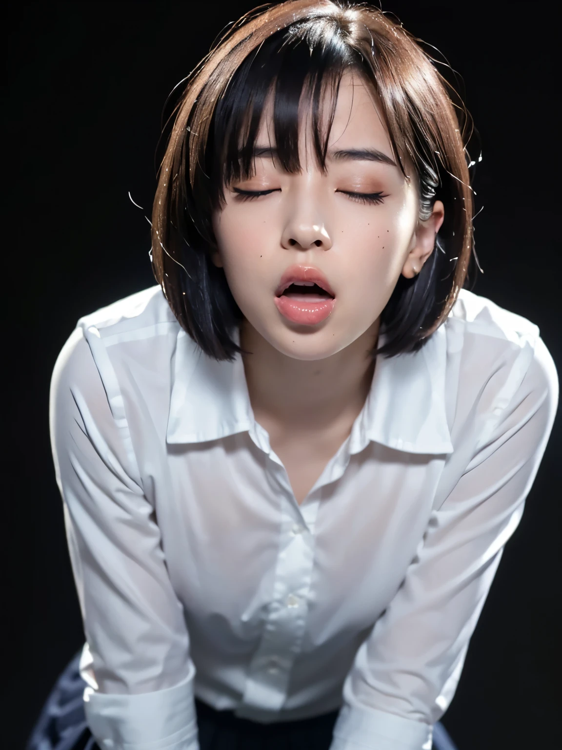 (close eyes:1.5),(masterpiece:1.2), (highest quality), (visible all over:1.3) ,(Super detailed), (8K, Complex), (lens 135mm,F1.8), (realistic)(black background:1.3), portrait photography, side lighting,edge lights up,best shadow,Area light source,perfect anatomy,perfect face shape,perfect for women,finest female body,improves skin texture,fine cloth pattern,Precise beauty,delicate and delicate skin,highly detailed skin,pale skin,delicate hair,glowing skin,Highly detailed face and skin texture, shiny skin, vivid details, supe realistic, Fine and beautiful skin, 1 female, , japanese woman, (natural lerge breast), ((bob hair, short hair, straight hair, bangs:1.3)),perverted woman, (school uniform, white blouse, Navy blue Pleated Skirt, red bow, nipple), (((Cowgirl))), A buttoned-up shirt flaps), (((frown、open your mouth、narrow your eyes))), (((from below:1.5, looking at the viewer:1.3, close up))), Female dog, NSFW, wet hair, wet face
