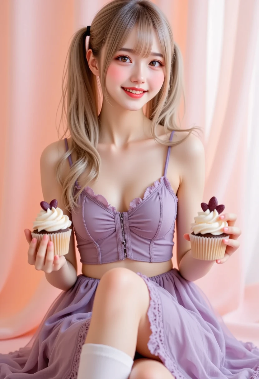  realistic ,photo  realistic , cute girl\(20 years old, twin tails,  holding cupcakes , smile, two-sided fabric that closes \),pastel,
pastel pink and purple tones,
 Soft Orange ,  twin tails,  holding cupcakes , smile, two-sided fabric that closes ,   Intricate Details , pastel colors,  white stockings ,  elegant background with soft drapes,  Bright Lighting, Adorable pose,  Cute Style , sweet and innocent vibe  ,   delicate accessory  ,  fantasy atmosphere, soft glow