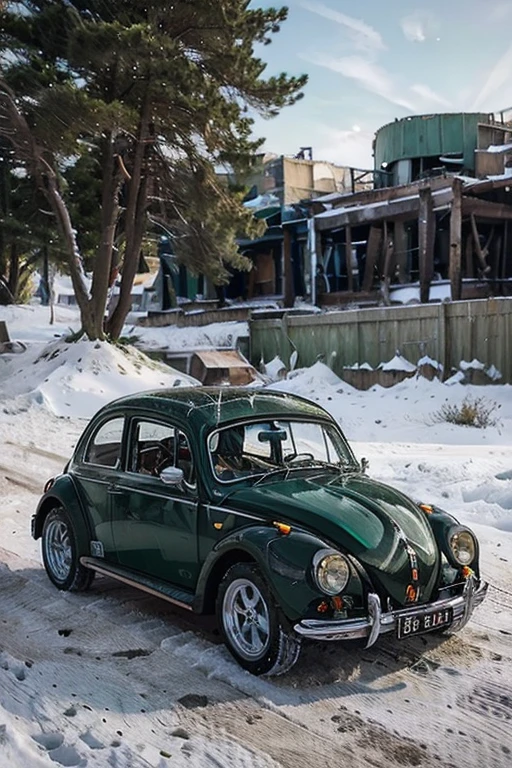 1962 beetle, green, white stripes, snowy conditions