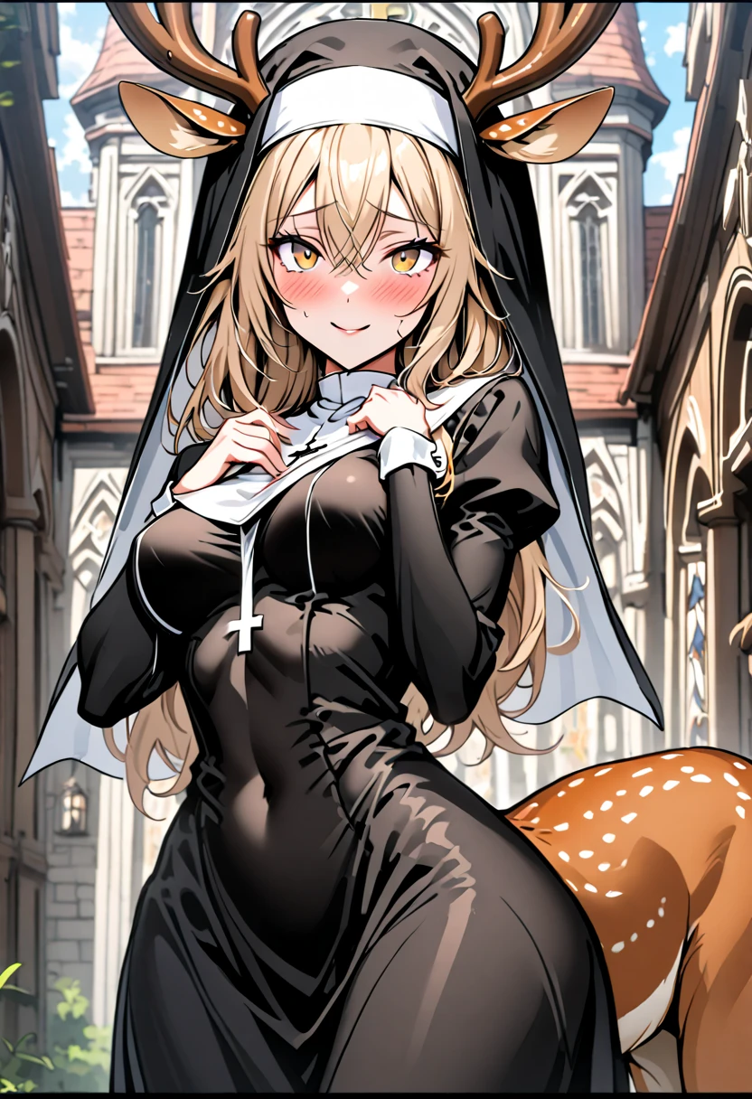 solo, female, close up, cowboy shot, nun, deer centaur, tall, nun habit, deer antlers, light brown hair, long hair, light brown eyes, curvy, slim, pious, wooden town church, outdoors, medium breasts, blush, shy, smile, pose, Juliet sleeves, long sleeves, slightly scared, white tail fluff, deer ears, deer body, deer lower body, deer tail