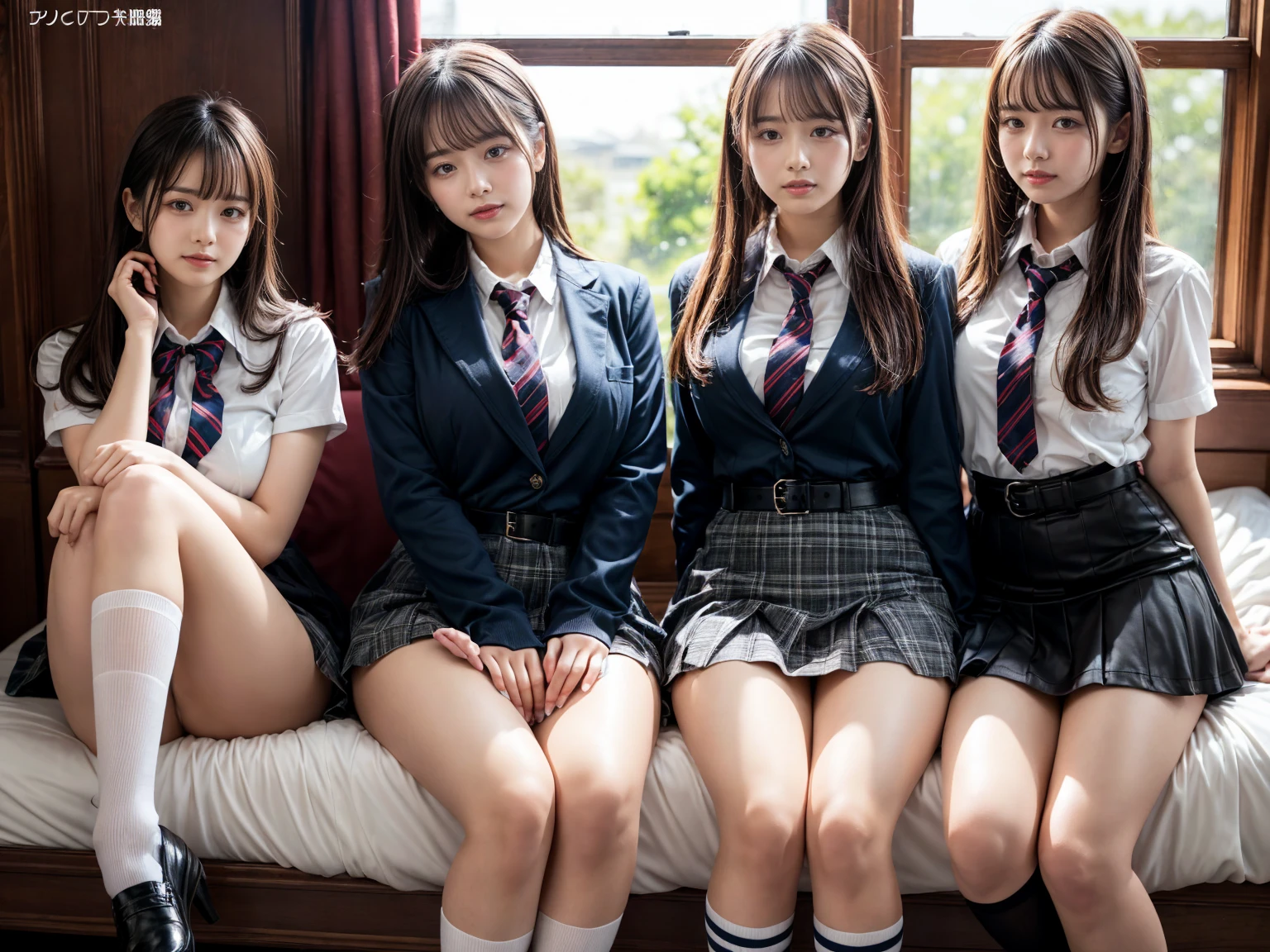 17yo teen schoolgirls lined up. wet dripping legs. naughty. defiant. a blonde a redhead and a brunette. facing camera. eye contact.