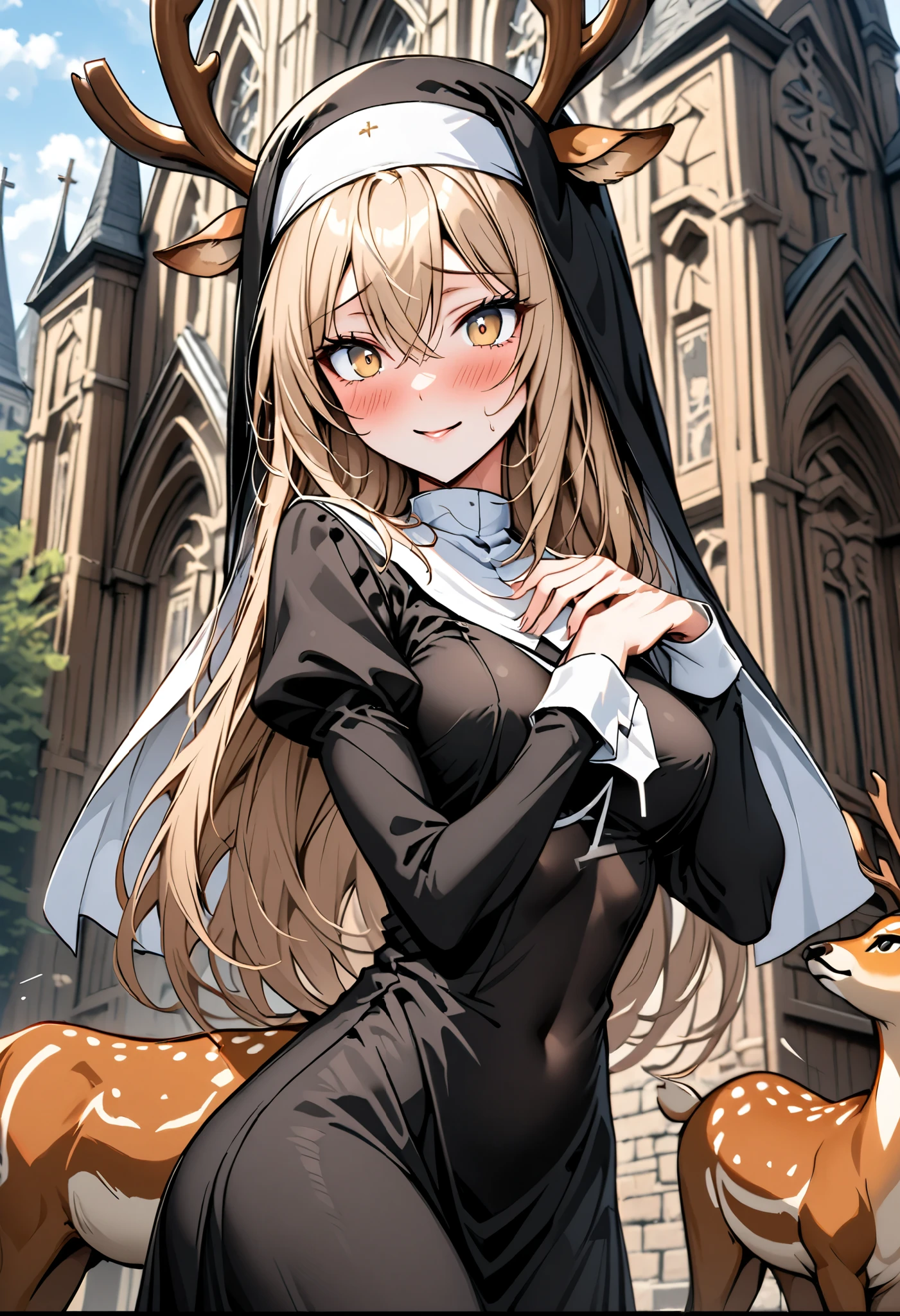 solo, female, close up, cowboy shot, nun, deer centaur, tall, nun habit, deer antlers, light brown hair, long hair, light brown eyes, curvy, slim, pious, wooden town church, outdoors, medium breasts, blush, shy, smile, pose, Juliet sleeves, long sleeves, slightly scared, white tail fluff, deer ears, deer body, deer lower body