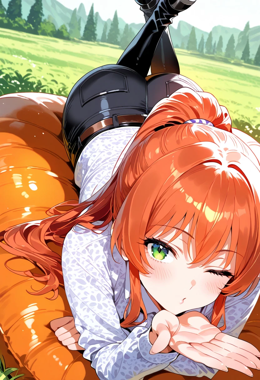 1girl,solo, blowing kiss, cute,one eye closed, high boots, on stomach, outdoor, lying, looking at viewer, orange fruit, high ponytail, long hair, pattern strip clothes, orange hair, side locks, black pants, breast, long sleeves, feet up, fabric material clothes, soft light, low contrast, uniform, casual, white clothes, button, button clothes