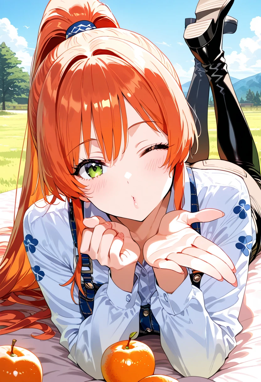 1girl,solo, blowing kiss, cute,one eye closed, high boots, on stomach, outdoor, lying, looking at viewer, orange fruit, high ponytail, long hair, pattern strip clothes, orange hair, side locks, black pants, breast, long sleeves, feet up, fabric material clothes, soft light, low contrast, uniform, casual, white clothes, button, button clothes