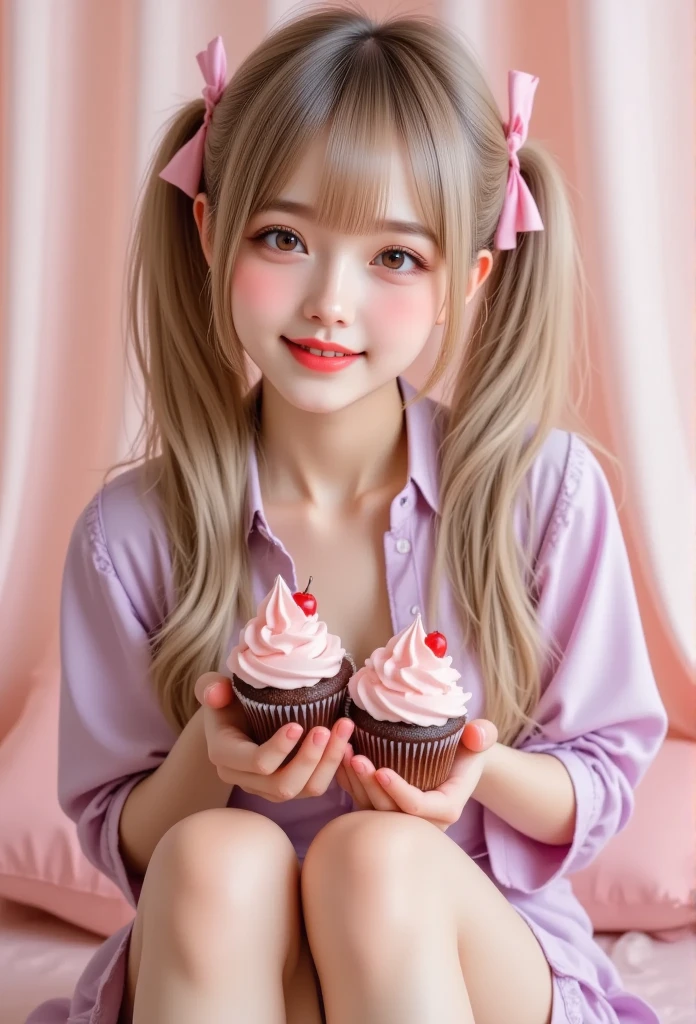  realistic ,photo  realistic , cute girl\(20 years old, twin tails,  holding cupcakes , smile, two-sided fabric that closes \),pastel,
pastel pink and purple tones,
 Soft Orange ,  twin tails,  holding cupcakes , smile, two-sided fabric that closes ,   Intricate Details , pastel colors,  white stockings ,  elegant background with soft drapes,  Bright Lighting, Adorable pose,  Cute Style , sweet and innocent vibe  ,   delicate accessory  ,  fantasy atmosphere, soft glow