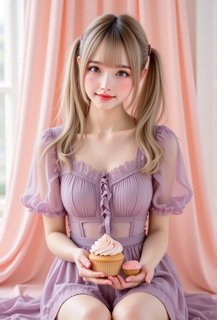  realistic ,photo  realistic , cute girl\(20 years old, twin tails,  holding cupcakes , smile, two-sided fabric that closes \),pastel,
pastel pink and purple tones,
 Soft Orange ,  twin tails,  holding cupcakes , smile, two-sided fabric that closes ,   Intricate Details , pastel colors,  white stockings ,  elegant background with soft drapes,  Bright Lighting, Adorable pose,  Cute Style , sweet and innocent vibe  ,   delicate accessory  ,  fantasy atmosphere, soft glow