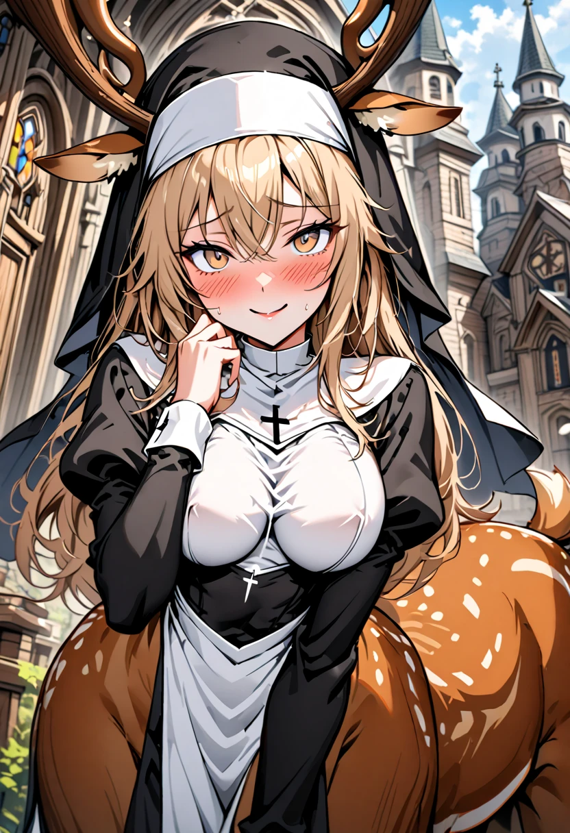 solo, female, close up, cowboy shot, nun, deer centaur, tall, nun habit, deer antlers, light brown hair, long hair, light brown eyes, curvy, slim, pious, wooden town church, outdoors, medium breasts, blush, shy, smile, pose, Juliet sleeves, long sleeves, slightly scared, white tail fluff, deer ears, deer body, deer lower body, deer tail, deer legs