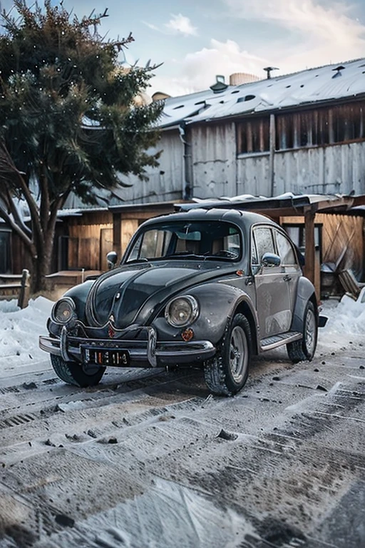 1962 beetle, gray, blue stripes, snowy conditions