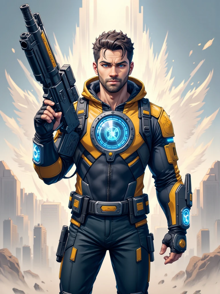 A stunning digital illustration of a 30-year-old man wearing a futuristic PUBG X-Suit, holding a massive machine gun effortlessly in one hand. The character stands in a confident pose, his body facing directly forward, while his intense gaze is directed at the viewer, creating a commanding presence.
The design emphasizes realistic anatomy and detailed features, with his face and body clearly visible. His X-Suit is intricately crafted with a high-tech aesthetic, showcasing glowing accents, metallic textures, and battle-worn details. The massive machine gun is richly detailed with mechanical parts, glowing components, and a futuristic edge.
The image has a distinct cartoon effect, blending realism with a stylized, vibrant palette. Shadows and highlights are exaggerated to emphasize the dramatic nature of the pose. The background is minimalist, ensuring the focus remains on the character, with subtle hints of a futuristic battleground environment.
| PUBG X-Suit | big machine gun | cartoon effect | dynamic pose | realistic yet stylized | detailed textures | glowing futuristic elements | dramatic composition | vibrant colors | front-facing body | intense expression | high-resolution illustration | 4K design.