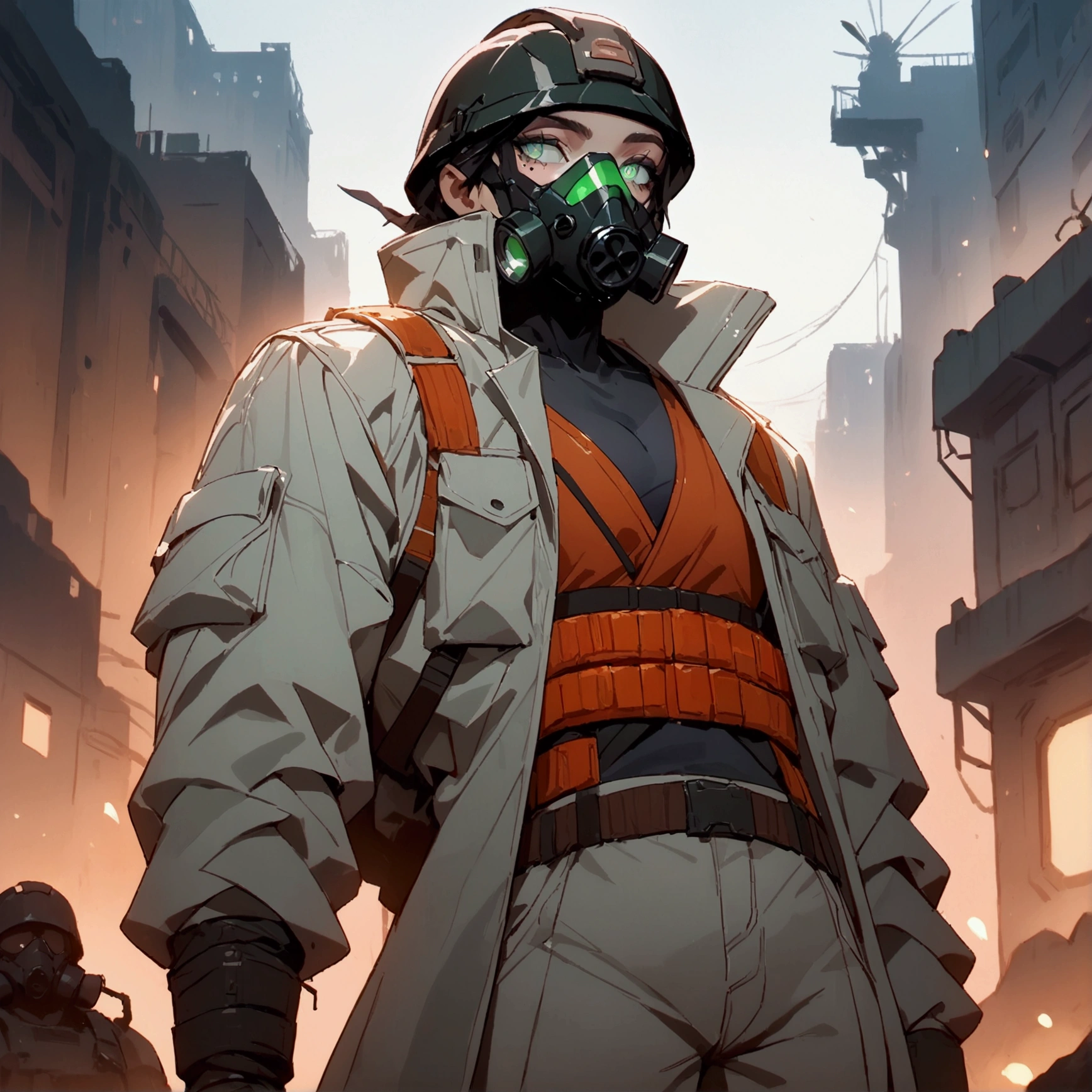 masterpiece, newest, absurdres, safe, high detailed, masterpiece. high detailed, male, Male, black helmet, green lenses gas-mask, grey coat, black shirt, and baggy cargo pants. Faceless, mechanical features like mask and limbs. Post-apocalyptic ruined city background with dark, low-key lighting. overcoat, sci-fi soldier. coat flowing with the wind, Upperbody. Sci-fi soldier, Cyberpunk soldier