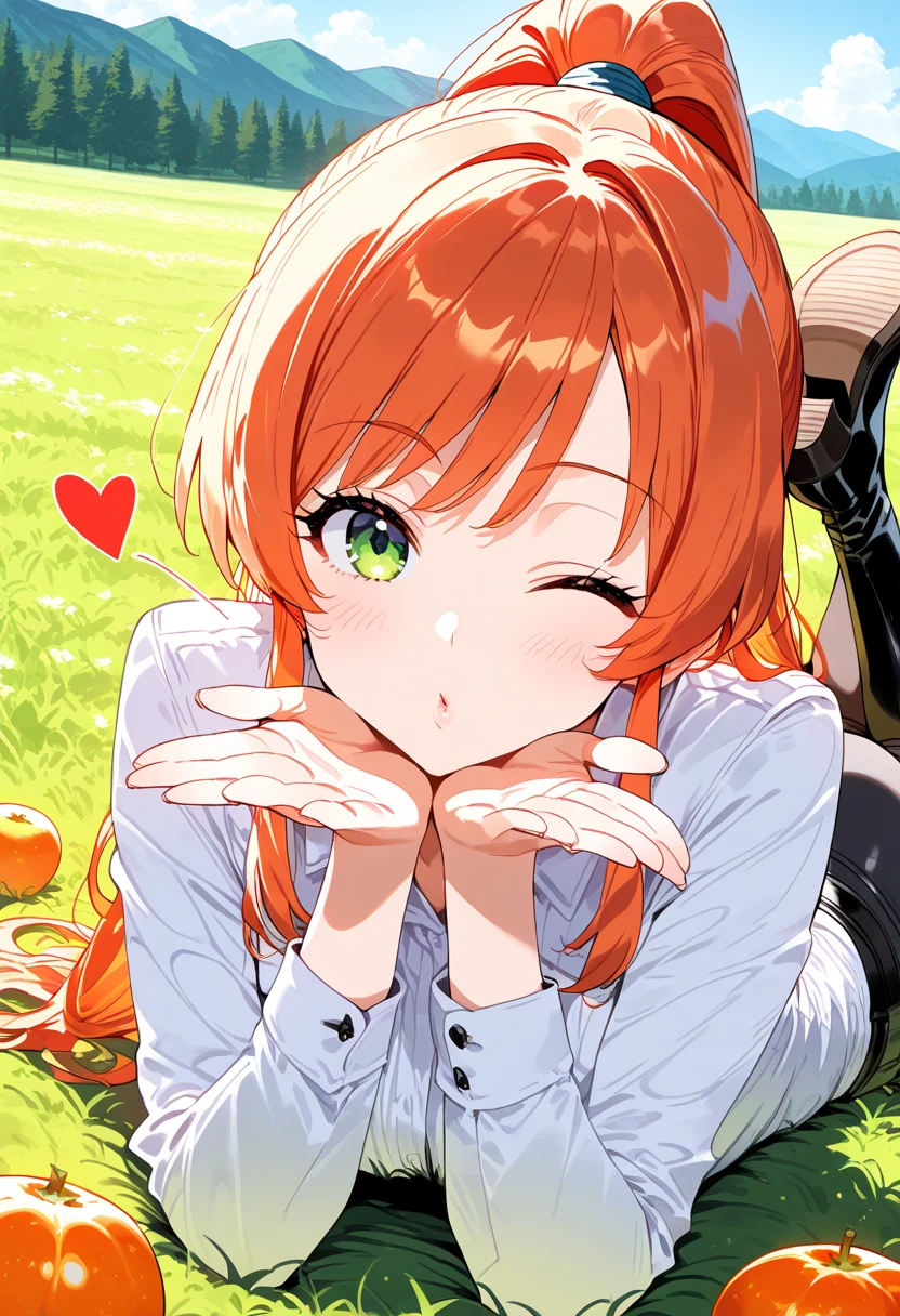 1girl,solo, blowing kiss, cute,one eye closed, high boots, on stomach, outdoor, lying, looking at viewer, orange fruit, high ponytail, long hair, pattern strip clothes, orange hair, side locks, black pants, breast, long sleeves, feet up, fabric material clothes, soft light, low contrast, uniform, casual, white clothes, button, button clothes,field of oranges