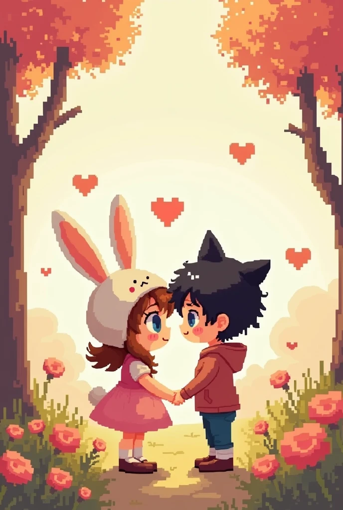 hermosa iluminación, couple touch hands, anime susume, girl hair black, girl 
hoodie cinnamoroll style ,  boy hair brown , love, minecraft sheeps, minecraft entorno, minecraft cats