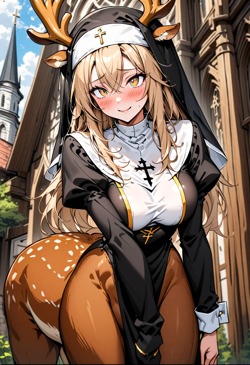 solo, female, close up, cowboy shot, nun, deer centaur, tall, nun habit, deer antlers, light brown hair, long hair, light brown eyes, curvy, slim, pious, wooden town church, outdoors, medium breasts, blush, shy, smile, pose, Juliet sleeves, long sleeves, slightly scared, white tail fluff, deer ears, slender deer body, deer lower body, deer tail, deer legs