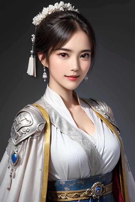 ((The upper body of a female warrior wearing silver and white armor and a cloak:1.3)),1 person,  black hair,  belly shortcut   ,Big breasts and cleavage,  high-definition face and skin texture  ,  staring at the camera,   Chinese Warrior  ,  perfect beauty: 1.4, fine grain,  double eyelids in a judo suit ,  whitening for women with bristles, top quality ,  super high res ,  simple background，Symmetrical Normal Eyes   , hair accessories, Slim Waist ,