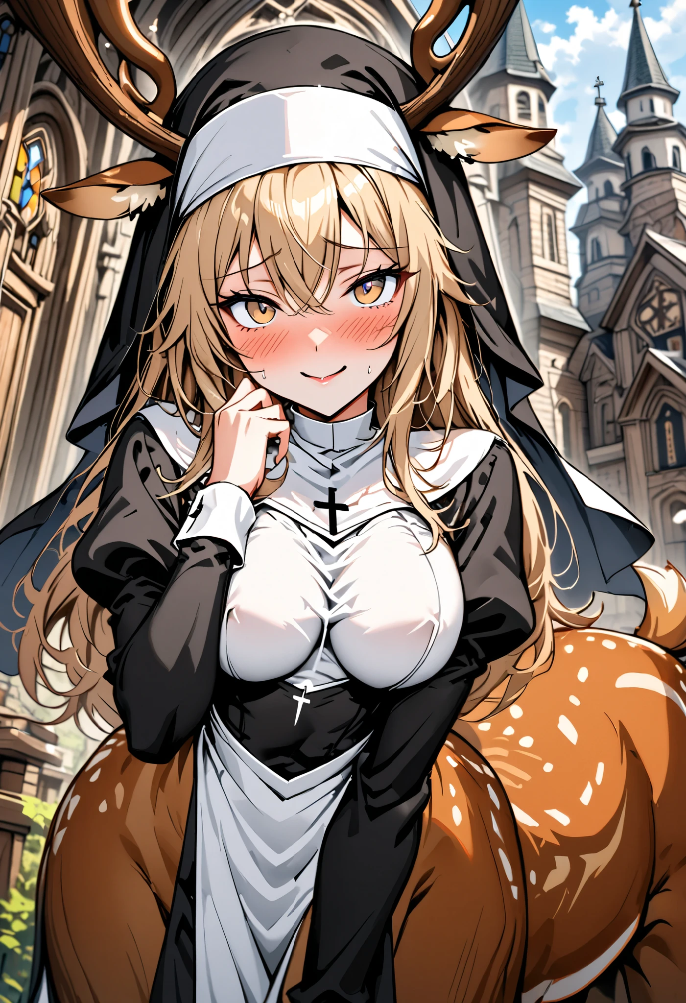 solo, female, close up, cowboy shot, nun, deer centaur, tall, nun habit, deer antlers, light brown hair, long hair, light brown eyes, curvy, slim, pious, wooden town church, outdoors, medium breasts, blush, shy, smile, pose, Juliet sleeves, long sleeves, slightly scared, white tail fluff, deer ears, deer body, deer lower body, deer tail, deer legs