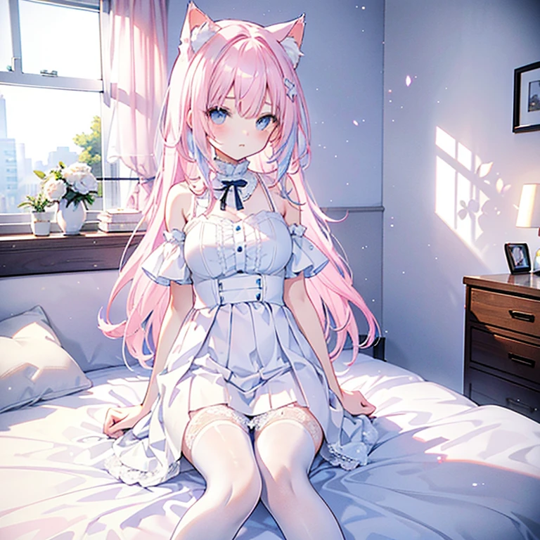  18 years old cat ear girl / hair color is : light pink hair+ Light Blue Hair ； wearing is : white lace dress and white lace miniskirt and white stockings with white panties；movement is : is sitting on the bed doing the lifting of the skirt；There are no defects in the whole body，The whole body is in the picture 