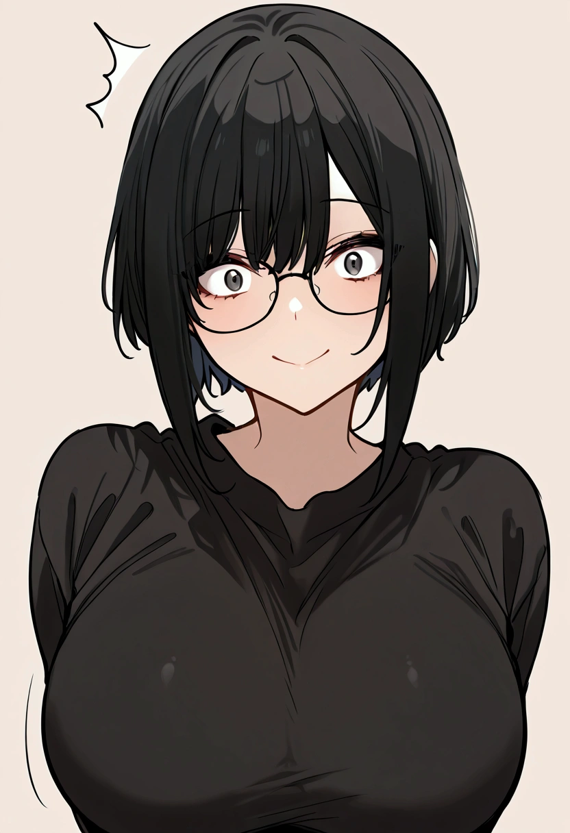 alone, girl, black hair, bob haircut, long bangs up to her eyes, glasses, surprise look, big breasts, black tshirt, smile,simple background , Masterpiece, score 9, anime colors, AMERICAN SHOT, beautiful, composition, HARMONY, high quality ,beautiful, feminine.shadow of penis