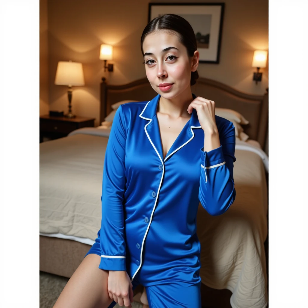 a woman wearing sexy royal blue silk pajamas, beautiful detailed eyes, beautiful detailed lips, extremely detailed face, longeyes lashes, elegant posing, bedroom interior, luxurious bedding, warm lighting, (best quality,4k,8k,highres,masterpiece:1.2),ultra-detailed,(realistic,photorealistic,photo-realistic:1.37),high fashion photography, dramatic lighting, intricate details, exquisite fabric textures,(best quality,4k,8k,highres,masterpiece:1.2,1024x1024)