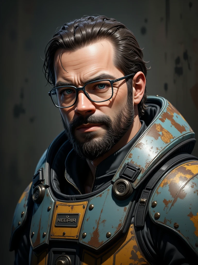 A highly detailed, ultra-realistic portrait of **Gordon Freeman** in his **HEV suit**, from *Half-Life Alyx*. He is a **middle-aged man**, with a full beard and wearing **glasses**, giving off a serious and focused expression. The **scientist character** is portrayed in a **cinematic pose**, set against a **dystopian sci-fi background** with dark and gritty tones. The **HEV suit** is shown in sharp detail, reflecting the **techno-futuristic** environment, with dirt and wear to indicate battle and survival. The lighting is dramatic, casting shadows that highlight the intricate textures of the suit, while Freeman's face, especially his eyes behind the glasses, radiates intensity.