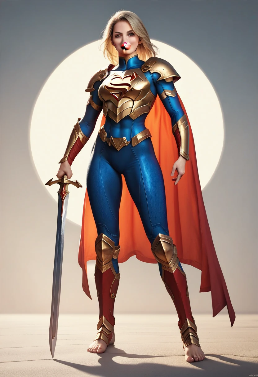 ((full body photo, standing, feet on the ground)) Supergirl Gal Gadot, dynamic pose, armor, holding sword, smile on face, detailed body, detailed, breasts, detailed face, detailed eyes, war armor, neutral background , long heroine cover, character lighting
