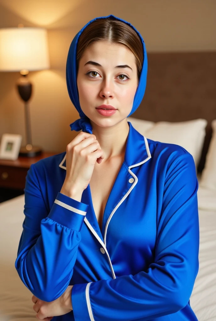 a woman wearing sexy royal blue silk pajamas, beautiful detailed eyes, beautiful detailed lips, extremely detailed face, longeyes lashes, elegant posing, bedroom interior, luxurious bedding, warm lighting, (best quality,4k,8k,highres,masterpiece:1.2),ultra-detailed,(realistic,photorealistic,photo-realistic:1.37),high fashion photography, dramatic lighting, intricate details, exquisite fabric textures,(best quality,4k,8k,highres,masterpiece:1.2,1024x1024)