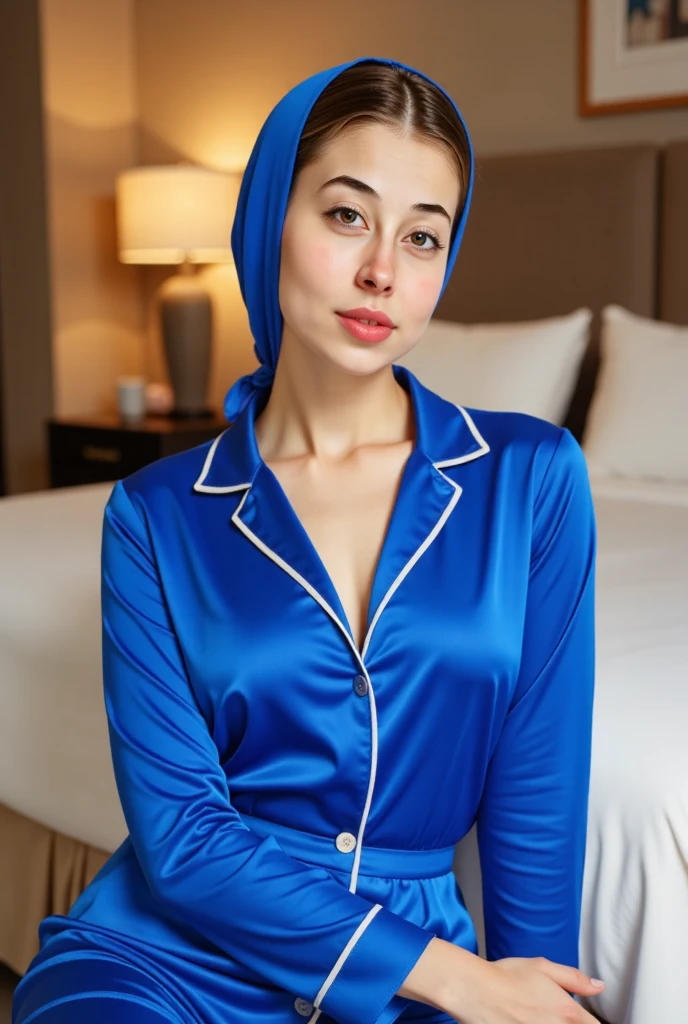 a woman wearing sexy royal blue silk pajamas, beautiful detailed eyes, beautiful detailed lips, extremely detailed face, longeyes lashes, elegant posing, bedroom interior, luxurious bedding, warm lighting, (best quality,4k,8k,highres,masterpiece:1.2),ultra-detailed,(realistic,photorealistic,photo-realistic:1.37),high fashion photography, dramatic lighting, intricate details, exquisite fabric textures,(best quality,4k,8k,highres,masterpiece:1.2,1024x1024)