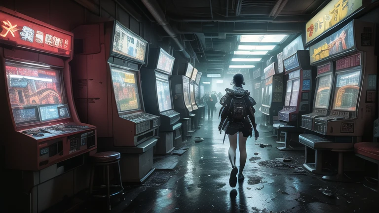 xuer Game girl,Game machine,
(masterpiece, top quality, best quality, official art, beautiful and aesthetic:1.2),cover art,techwear fashion Strange Functional ] in the distance there is a Swamp,futuristic,cyberpunk,urban,tactical,sleek,dark,highly detailed,