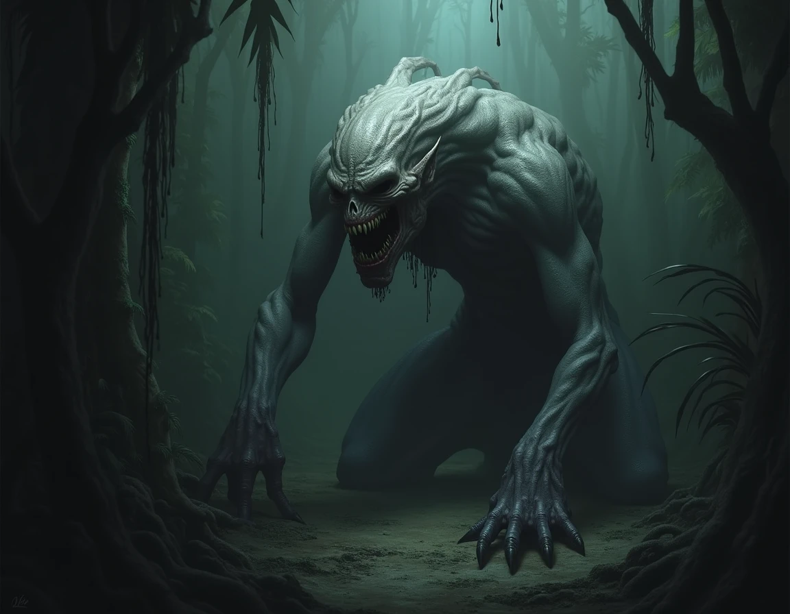 (masterpiece, 8K, ultra-high resolution, photo-realistic:1.3), monster in the swamp at night with a full moon, terror, dark, fear, 32K UHD, masterpiece, sharp focus, realistic,