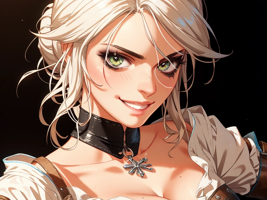 Ciri, High resolution, The best quality,  tall details, HD model, 8k, super detailed, dominatrix costume, cleavage, mischievous smile, look at viewer