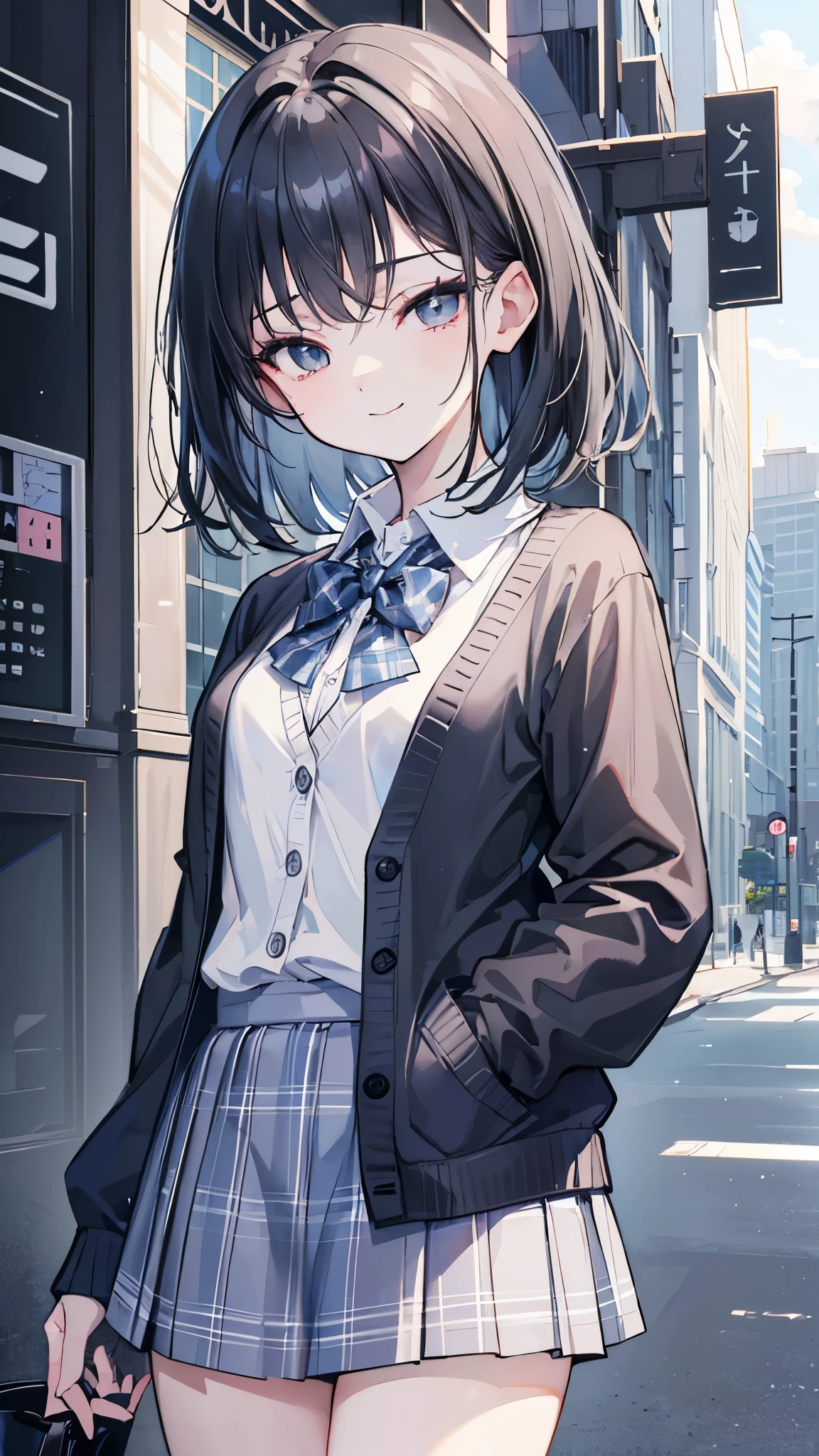 Anime girl in school uniform standing on a city street - SeaArt AI