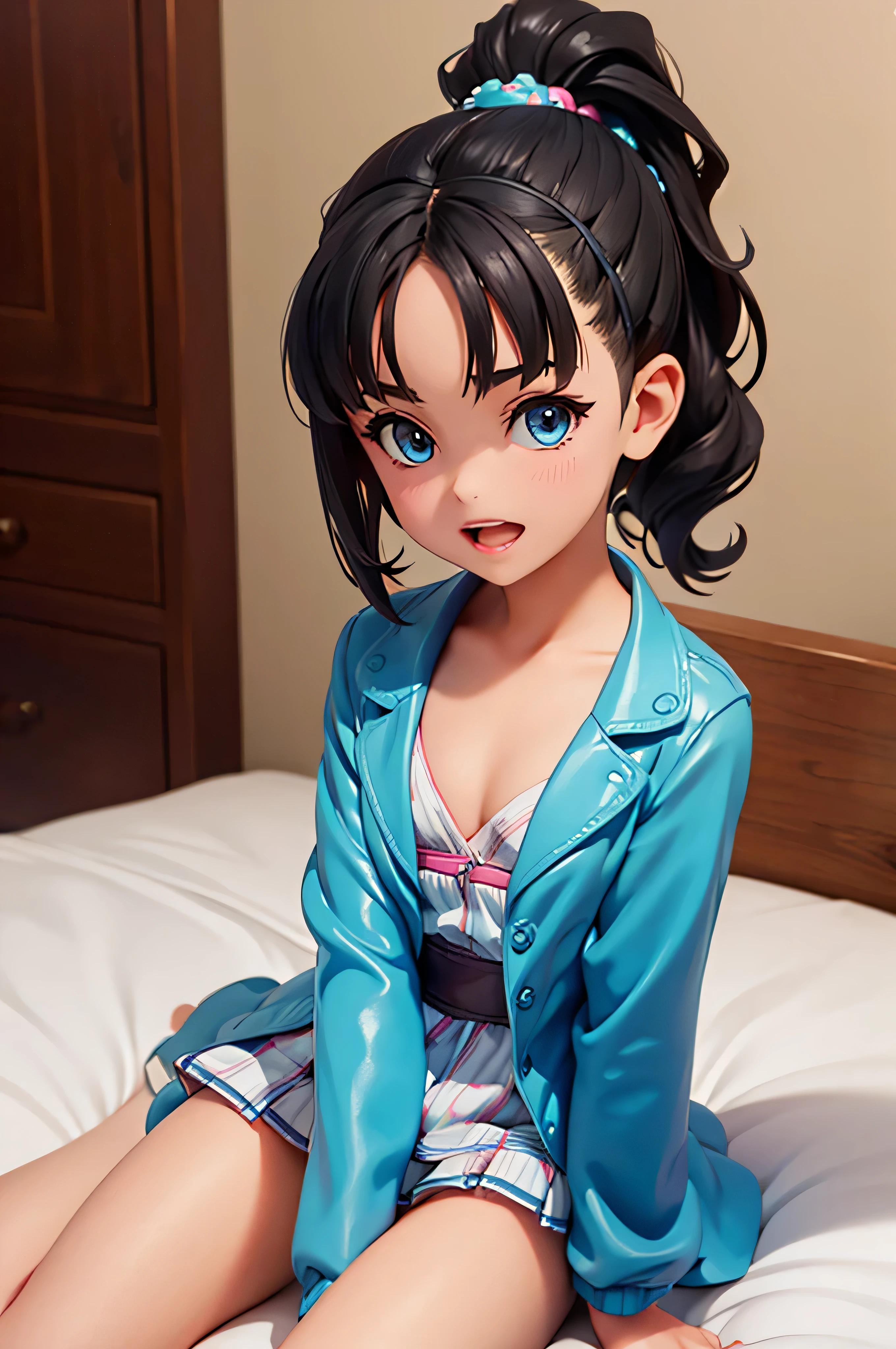 (((8year old Marnie sitting on a man))) , ((tiny boobs)), ((thick lips)), dark blue eyes, brown jacket, (cleavage), short hair, black hair, teeth, wide mouth, (((tiny body))), open legs, open mouth,ponytail, ((nipple)), in bed