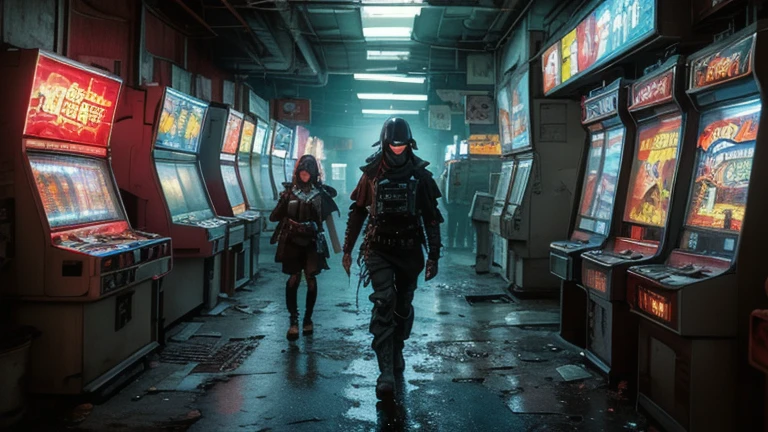 xuer Game girl,Game machine,
(masterpiece, top quality, best quality, official art, beautiful and aesthetic:1.2),cover art,techwear fashion Strange Functional ] in the distance there is a Swamp,futuristic,cyberpunk,urban,tactical,sleek,dark,highly detailed,